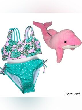 Sz 4/5  Pink and Green polka dot Print Bikini Bathing suit W/ Dolphin Plush